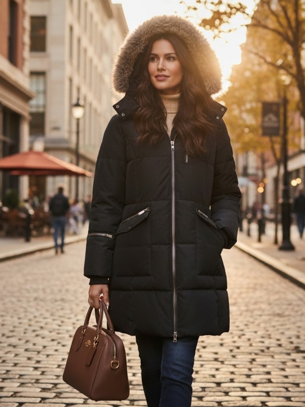 Nautica Black Quilted Faux-Fur Hooded Puffer Coat
